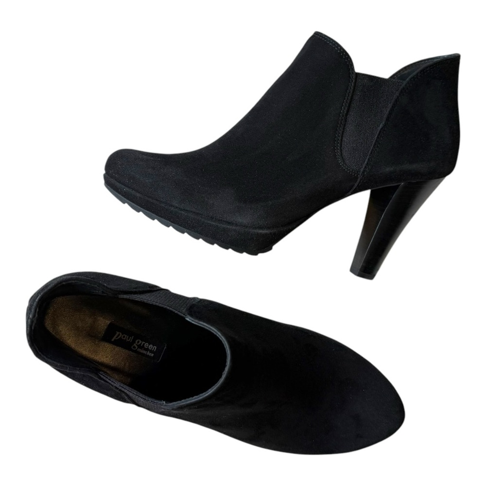PAUL GREEN Booties Boot High Heel Black Leather Suede Lug Sole Chelsea 9 UK 6.5
